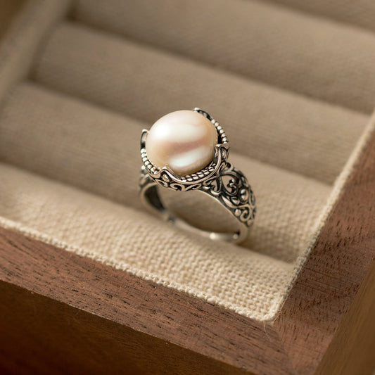 Oxidized Finish Sterling Silver Freshwater Pearl Ring