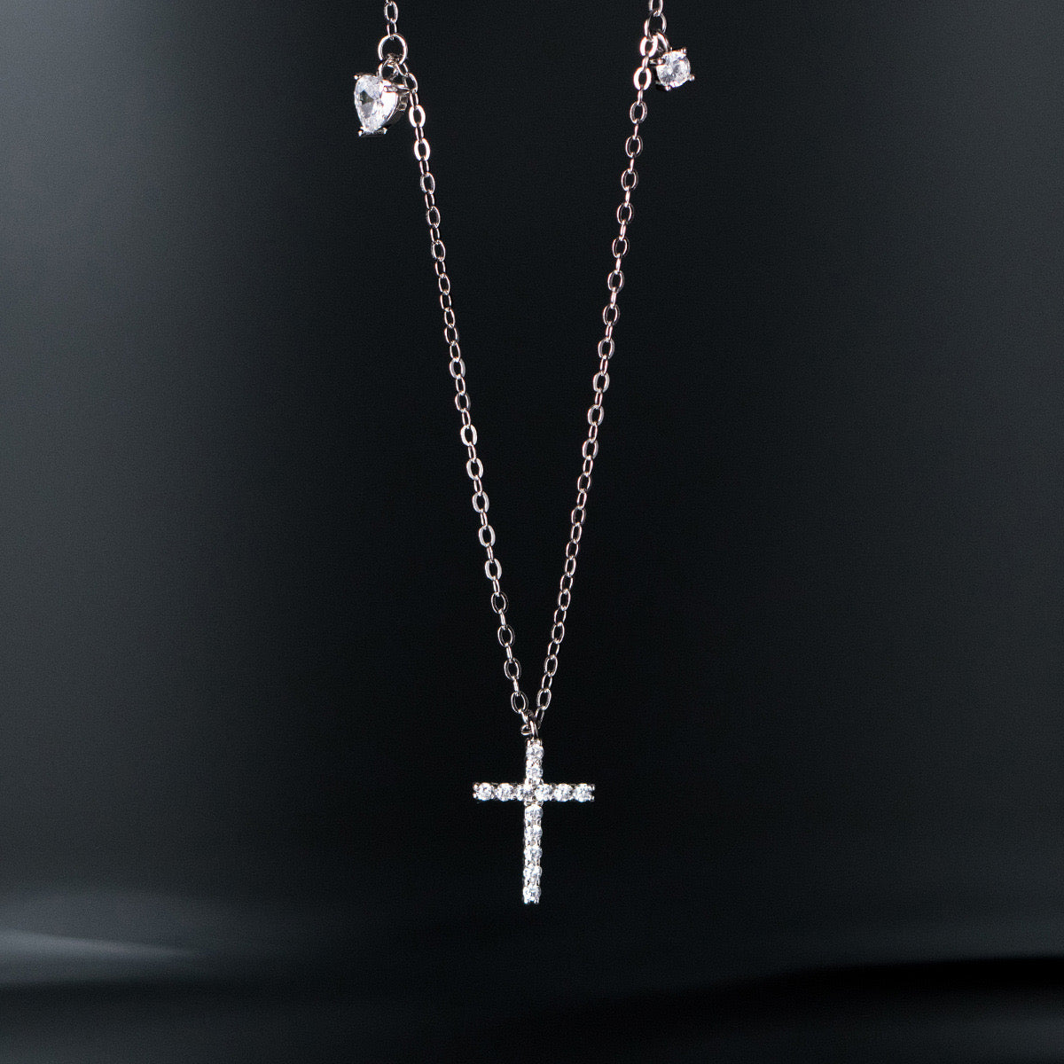 Sterling Silver Cross & Heart Charm Necklace