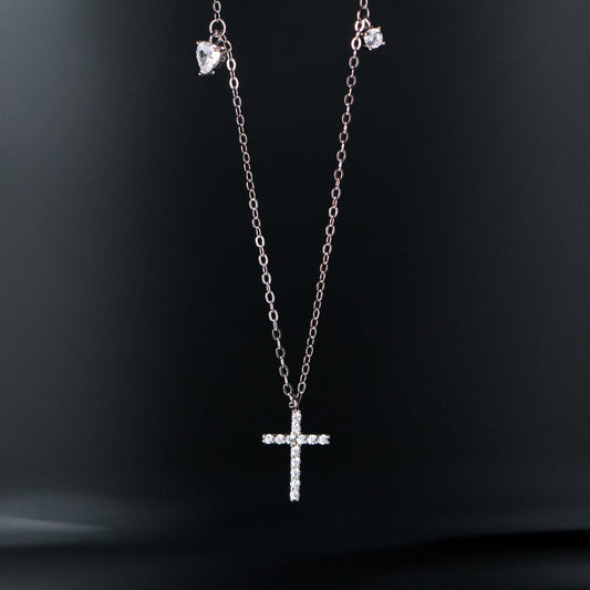 Sterling Silver Cross & Heart Charm Necklace
