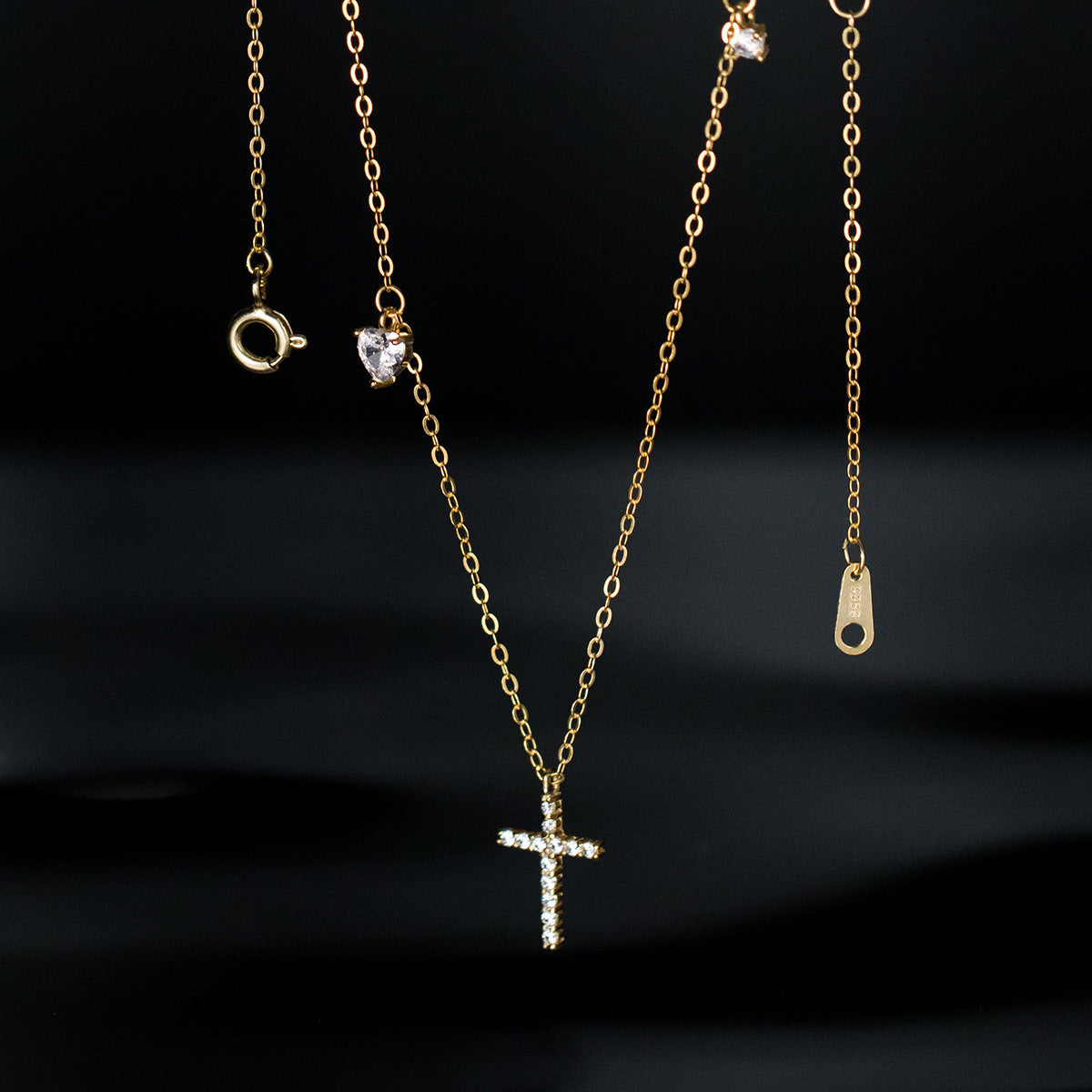 Sterling Silver Cross & Heart Charm Necklace