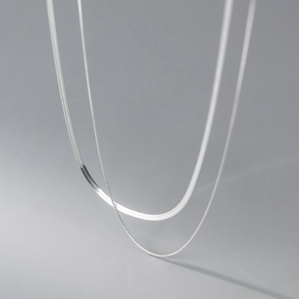 Double Layer Box and Snake Chain Necklace in Solid Sterling Silver