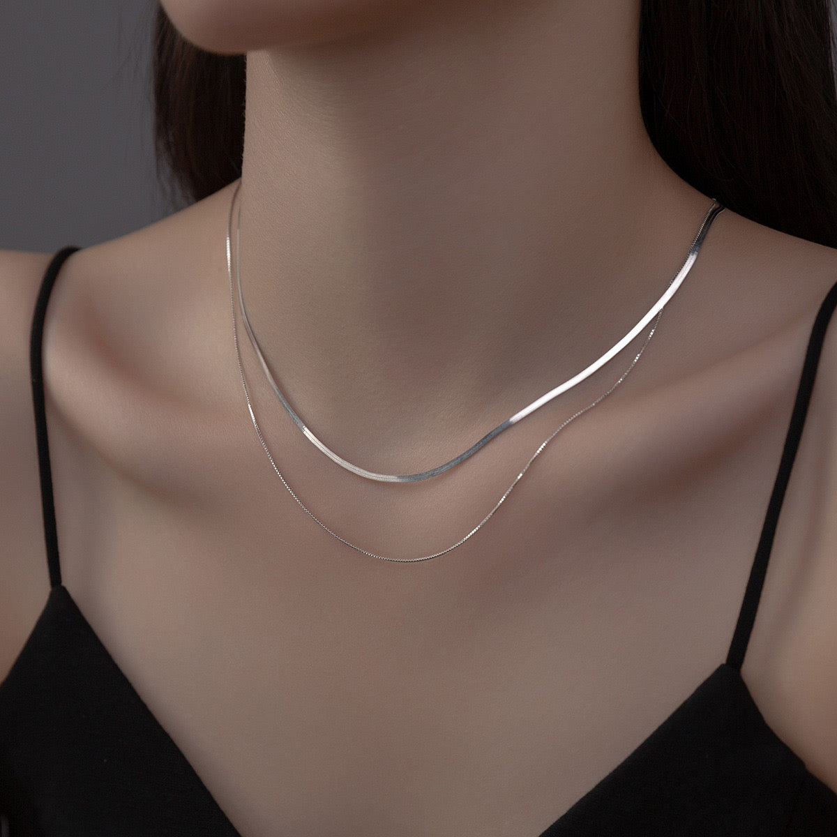 Double Layer Box and Snake Chain Necklace in Solid Sterling Silver