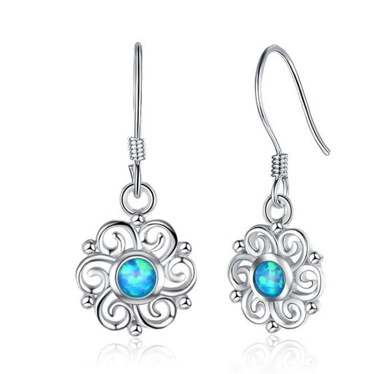 Flower Blue Created Opal 925 Sterling Silver Long Earrings