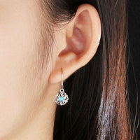 Flower Blue Created Opal 925 Sterling Silver Long Earrings