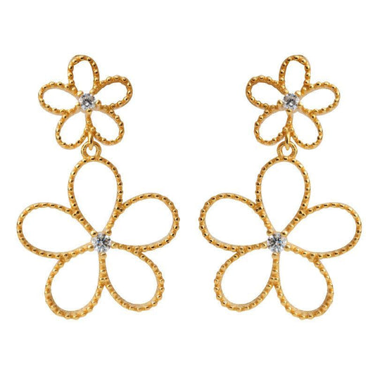 Double CZ Hollow Flower Sterling Silver Stud Earrings
