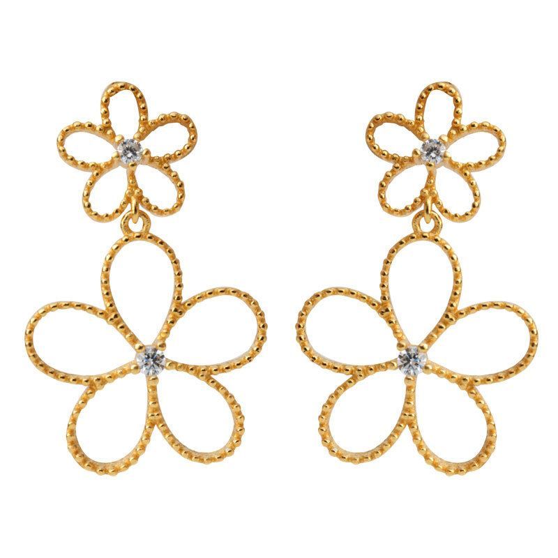 Double Crystal Hollow Flower Sterling Silver Stud Earrings
