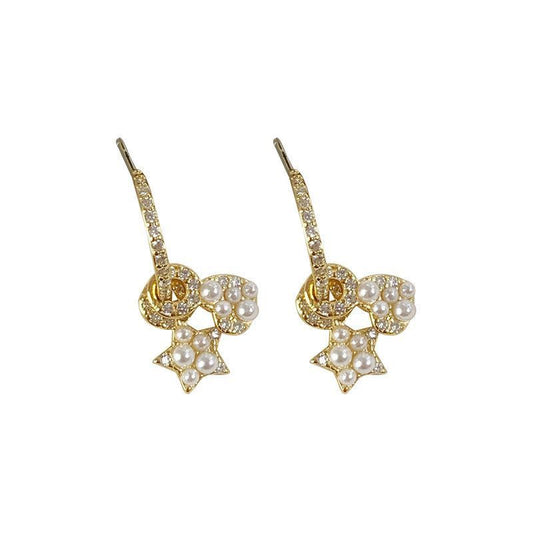 Shell Pearl Heart and Star CZ Hoop Earrings