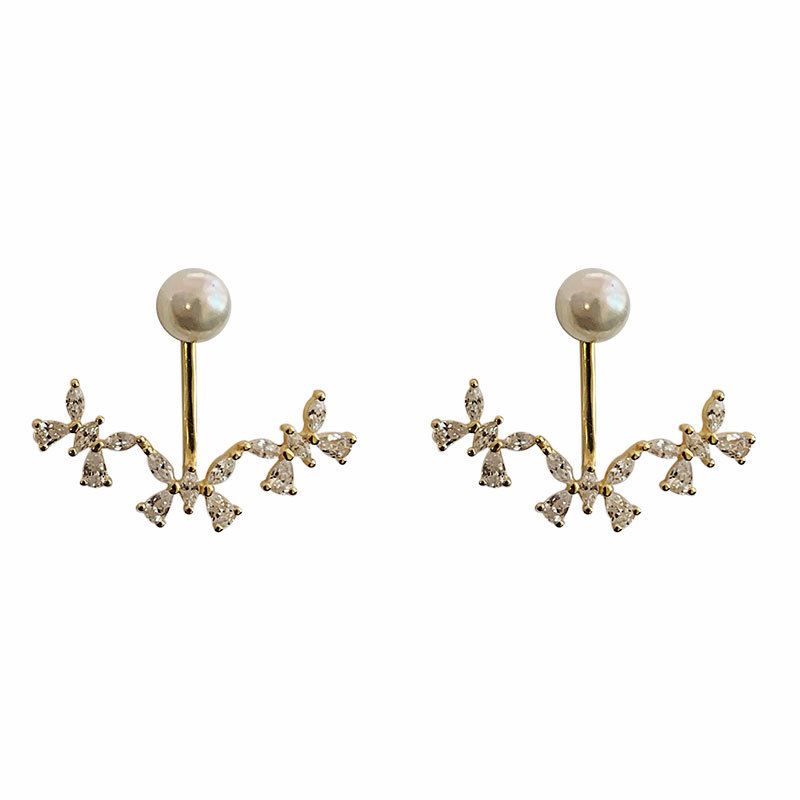 Shell Pearl and Crystal Flower 925 Sterling Silver Dangling Earrings