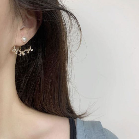 Shell Pearl and CZ Flower 925 Sterling Silver Dangling Earrings
