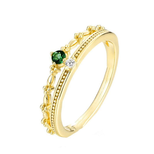 Green CZ Crown Double-Layer 925 Sterling Silver Adjustable Ring