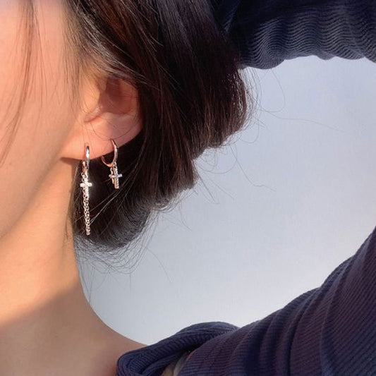 Asymmetry CZ Cross Chain Sterling Silver Hoop Earrings
