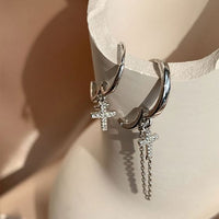 Asymmetry Crystal Cross Chain Sterling Silver Hoop Earrings