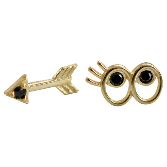 Asymmetrical Arrow Black Eye 925 Sterling Silver Stud Earrings