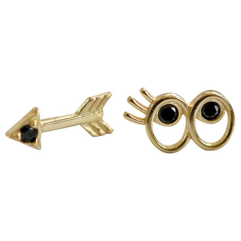 Asymmetrical Arrow Black Eye 925 Sterling Silver Stud Earrings