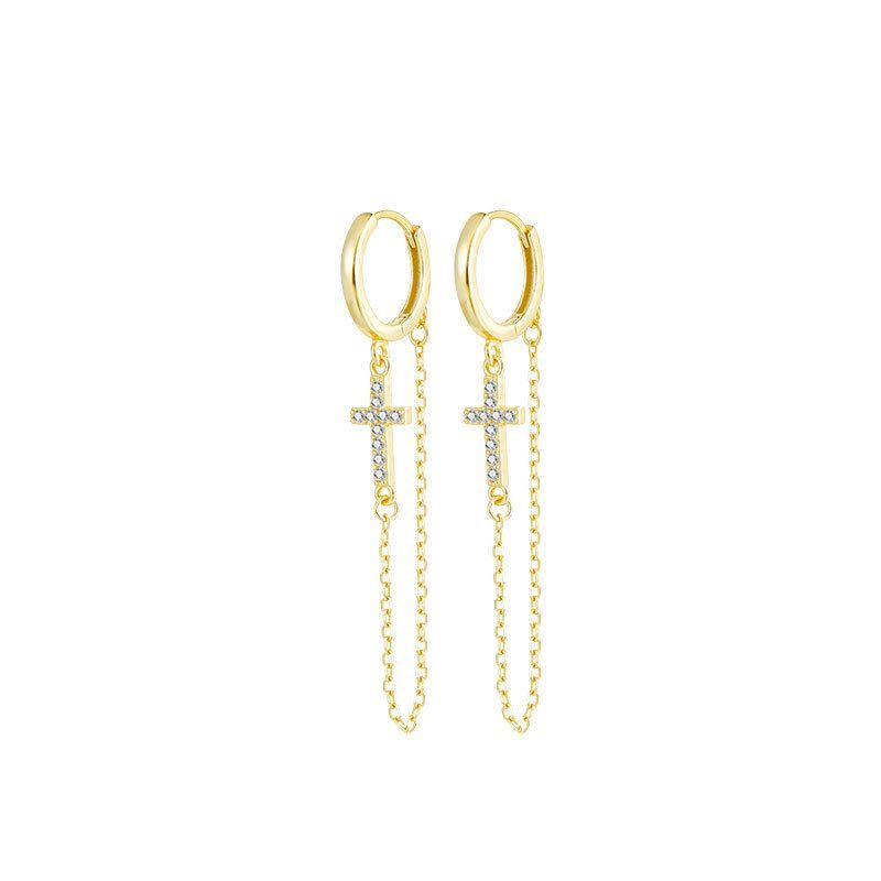 Crystal Cross Chain Tassel Earrings, 925 Sterling Silver