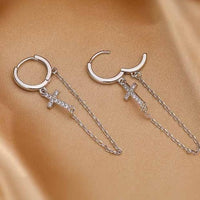 Crystal Cross Chain Tassel Earrings, 925 Sterling Silver