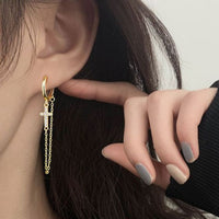 Crystal Cross Chain Tassel Earrings, 925 Sterling Silver