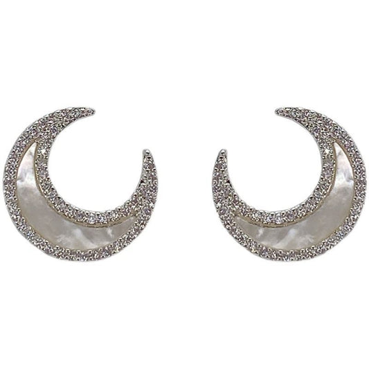 Natural Fritillaria Crescent Moon 925 Sterling Silver Stud Earrings