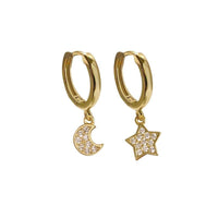 Asymmetry Crystal Star and Crescent Moon Sterling Silver Hoop Earrings
