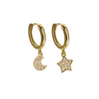 Asymmetry Crystal Star and Crescent Moon Sterling Silver Hoop Earrings