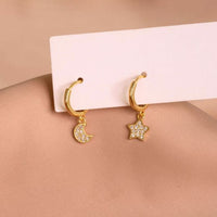 Asymmetry Crystal Star and Crescent Moon Sterling Silver Hoop Earrings