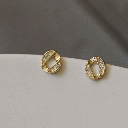 Irregular Hollow Coin CZ Sterling Silver Stud Earrings
