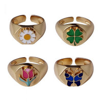 Classic Clover Butterfly Daisy Tulips 925 Sterling Silver Adjustable Ring