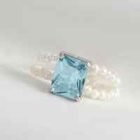 Geometry Blue Rectangle Crystal & Pearl 925 Sterling Silver Ring