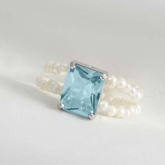 Geometry Blue Rectangle CZ & Pearl 925 Sterling Silver Ring