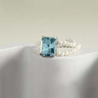Geometry Blue Rectangle Crystal & Pearl 925 Sterling Silver Ring