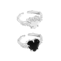 Black Agate Love Heart Crystal 925 Sterling Silver Adjustable Ring