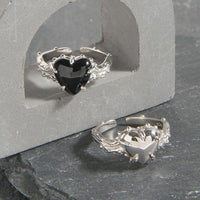 Black Agate Love Heart Crystal 925 Sterling Silver Adjustable Ring