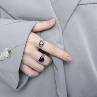 Black Agate Love Heart Crystal 925 Sterling Silver Adjustable Ring