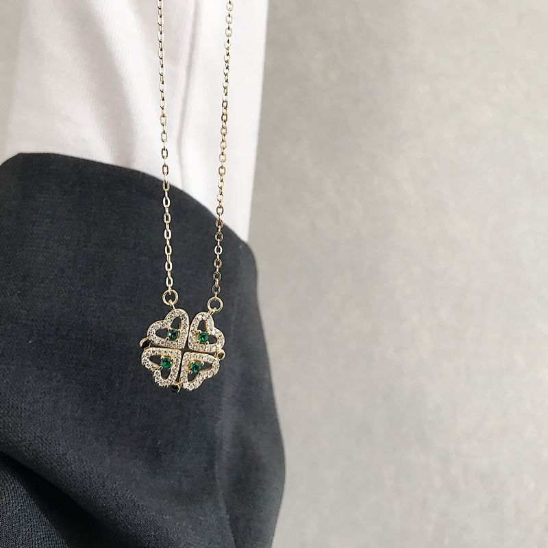 Crystal Heart Four Leaf Clover Necklace