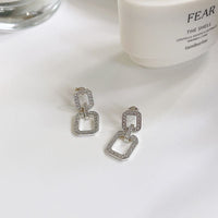 Hollow Geometry Crystal Square Sterling Silver Drop Earrings