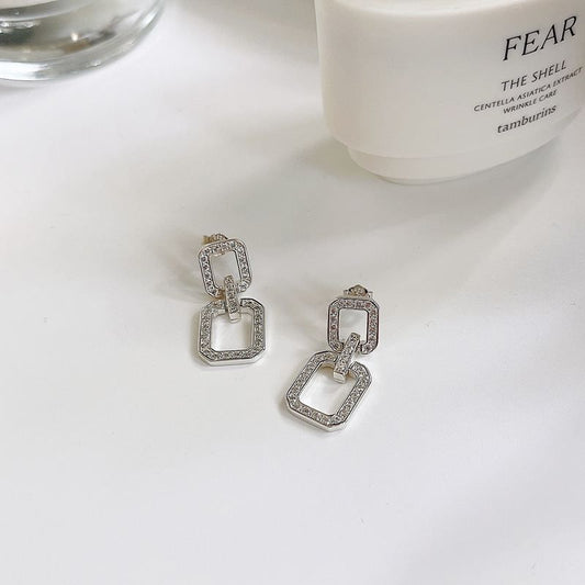 Hollow Geometry CZ Square Sterling Silver Drop Earrings