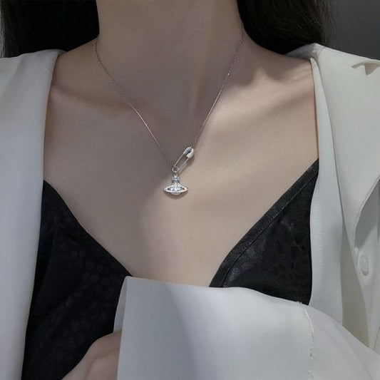 Saturn CZ Pin Necklace in 925 Sterling Silver