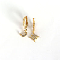 Asymmetrical Star and Crescent Moon Crystal Sterling Leverback Earrings