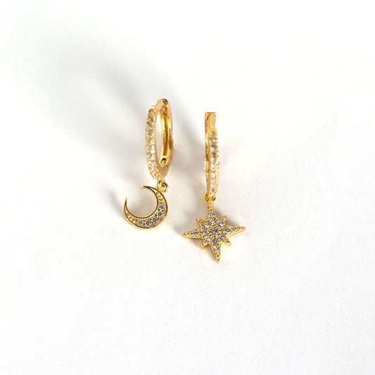 Asymmetrical Star and Crescent Moon CZ Sterling Leverback Earrings