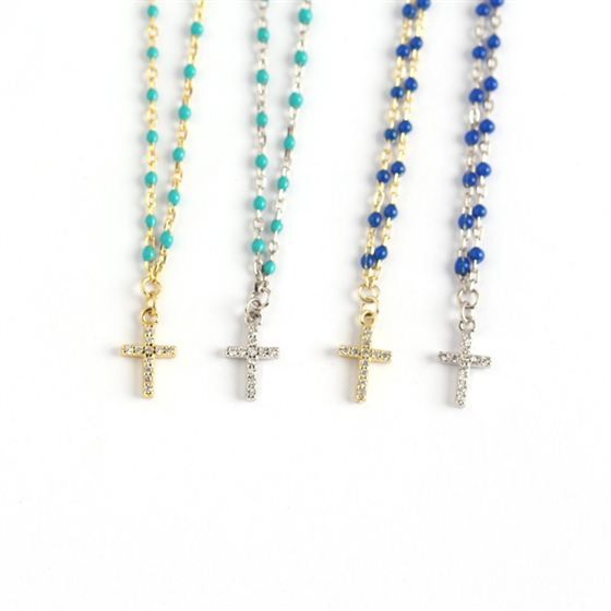 Holy Crystal Cross Beads Sterling Silver Necklace