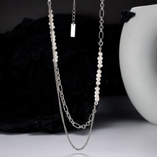 Double Layer Natural Pearl Necklace in 925 Sterling Silver