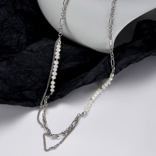 Double Layer Natural Pearl Necklace in 925 Sterling Silver
