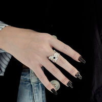 Vintage Irregular Black Crystal 925 Sterling Silver Adjustable Ring