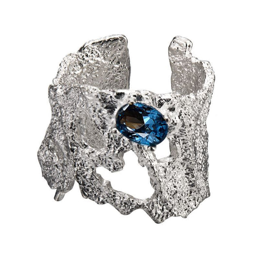 Blue CZ Hollow Wide Sterling Silver Adjustable Ring