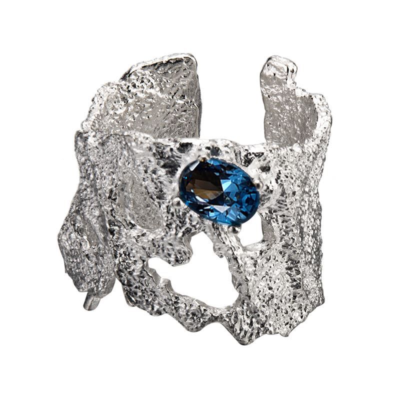 Blue Crystal Hollow Wide Sterling Silver Adjustable Ring