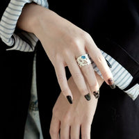 Blue Crystal Hollow Wide Sterling Silver Adjustable Ring