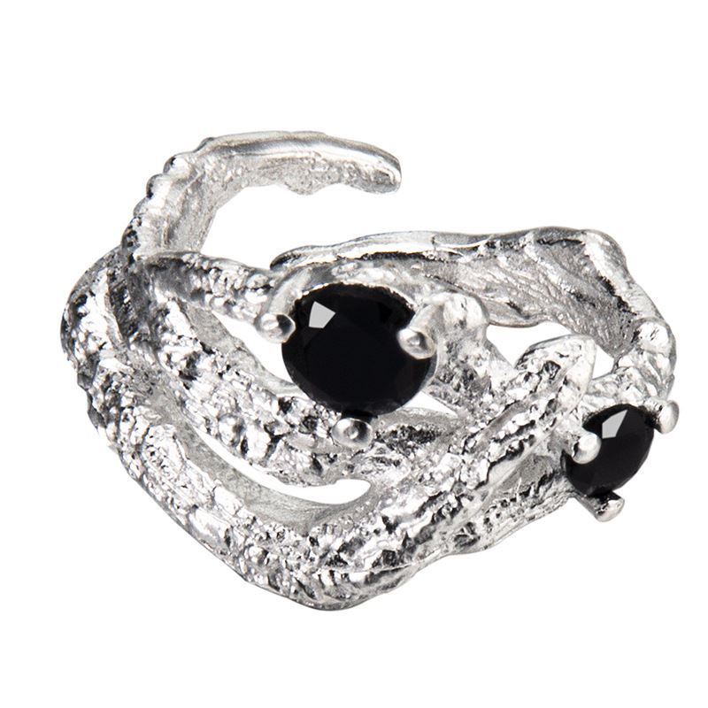 Black Crystal Tree Branch Cross Ring in 925 Sterling Silver