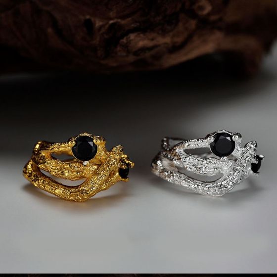 Black CZ Tree Branch Cross Ring in 925 Sterling Silver