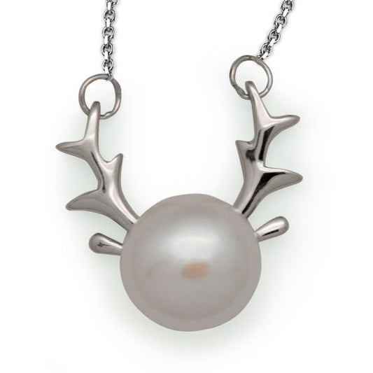Natural White Pearl Elk Necklace in 925 Sterling Silver