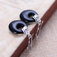 Natural Black Agate Round Dangle Earrings